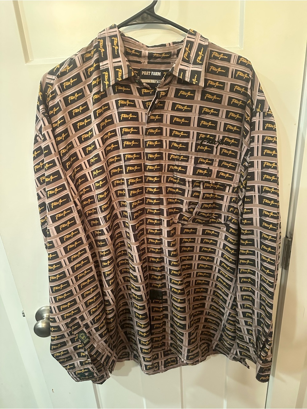 Vintage Phat Farm Black and Tan All-Over Logo Button-Down Shirt XL Mint C